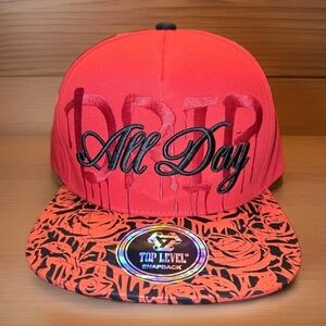 Top Level Snapback Hat Red All Day Drip Graphic Flat Brim Streetwear Cap
